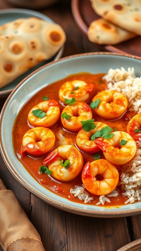 Shrimp tikka masala served with rice and naan, garnished with cilantro, on a rustic table.